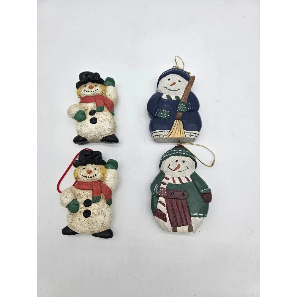 Lot of 4 Mixed Playful Fun Snowman Christmas Ornaments Wood Resin Vntg